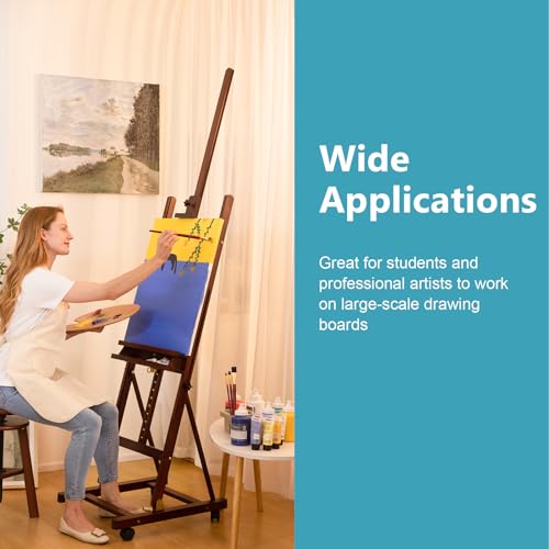 H-Frame Studio Easel with Wheels, Beechwood Artist Easel Storage Tray, Adjustable Floor Easel Stand Holding Canvas up to 51Inches for Painting, Brown - style: Basic Walnut