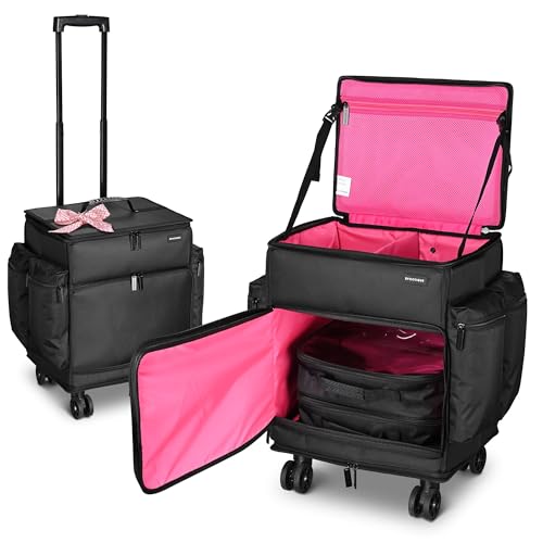 BYOOTIQUE Rolling Makeup Train Case Soft Sided Nylon Fabric Travel Cosmetic Organizer Storage Makeup Trolley Suitcase for Makeup Artist, Pink - color: Deep Pink, size: Large