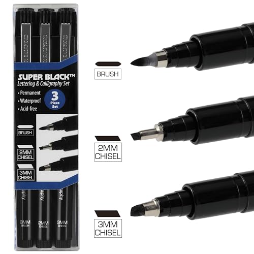 Creative Mark Calligraphy & Fineliner Pen Set of 3 Lettering & Calligraphy Drawing - Super Black, Permanent, Waterproof, & Acid-Free Chisel Nylon-Nibs Pens & Medium Brush Tip
