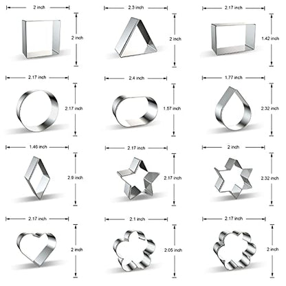 Geometric Classic Shapes Cookie Cutter Set of 12 - Heart, Flower, Star, Circle, Square, Triangle, Rectangle, Oval, Teardrop, Diamond, Star of David Shaped Cookie Cutters Biscuit Mold - Stainless Steel