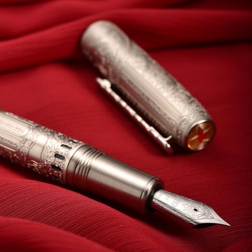 Hongdian 100 Piston Fountain Pen Silver Steel, Iridium Medium Nib Calligraphy Pen, Smooth Writing Pen with Pen Case Set - color: Silver-100, style: Medium Point