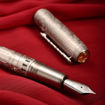 Hongdian 100 Piston Fountain Pen Silver Steel, Iridium Medium Nib Calligraphy Pen, Smooth Writing Pen with Pen Case Set - color: Silver-100, style: Medium Point