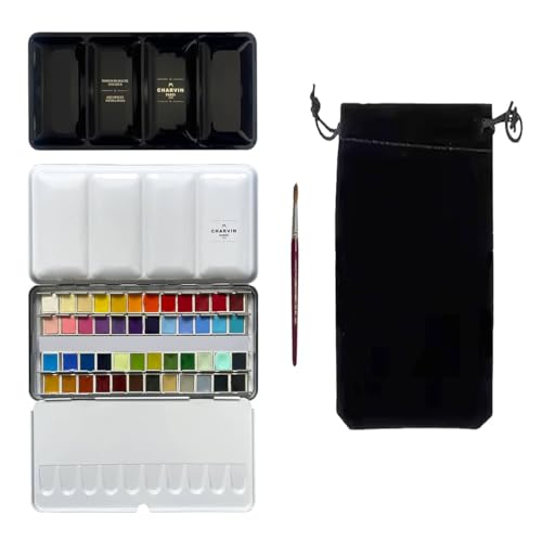 Charvin Extra-Fine Professional Watercolor Paint Set - Watercolor Half Pan Set of 48, Made in France, Smooth Shellac-Like Finish, Transparent Pigments, Ideal for Layering & Mixed Media - size: 48 Count (Pack of 1)