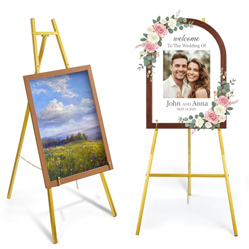 WRINGKIT Gold Easel Stand for Sign, Heavy Duty Metal Adjustable Display Stand with 4 Tier, 42.5'' Height Large Floor Standing Easel for Painting, Poster, Mirror, Art, Welcome Wedding Signs