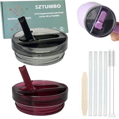 2 Pcs Detachable Flip Straw Lid for Stanley 40oz Quencher ProTour,100% Leak-proof Lid for Stanely 40oz Cup,Spill Proof and Splash Resistant Tumbler Cover(Black and Pomegranate) - color: Black and Pomegranate
