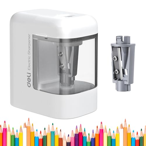 deli Electric Pencil Sharpener, Portable Pencil Sharpener for No.2 Pencils Colored Pencils, Battery Powered Electric Pencil Sharpener for School, Home, Office, White - color: White