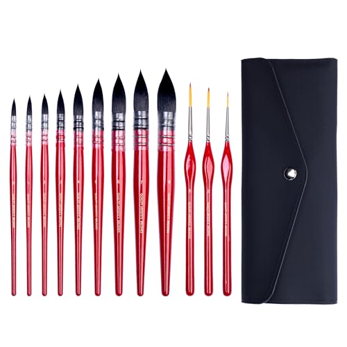 12pcs Watercolor Brushes Set, Paint Brushes for Watercolor, Gouache, Acrylic and Oil Painting, Artist Brush Set with Portable Travel Case, Art Supplies for Beginners and Professionals - color: Red