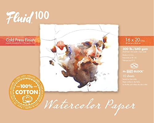 Fluid 100 Watercolor Paper Block, 16 x 20 inches, 10 Sheets, 300 lb (640 GSM) 100% Cotton Cold Press Pad for Artist Painting and Wet Media - size: 16 x 20 (300 lb)