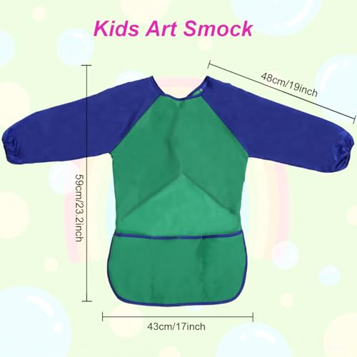 2 Pack Kids Art Smock Waterproof with Long Sleeve and 3 Roomy Pockets Artist Children Aprons for Toddlers Age 3-8 Painting Crafts（Green+Rose Red） - color: 2 Pack Green+rose Red