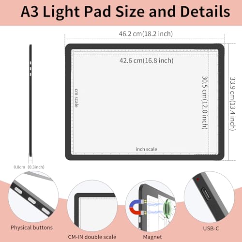 YINGWOND Rechargeable A3 Light Pad for Diamond Painting with 4000mAh Battery,Side Physical Buttons,Diamond Art Light Board,Magnetic Light Pad 13.4x18.2,LED Light Box for Tracing,Drawing,Weeding Vinyl - style: Rechargeable A3 Black
