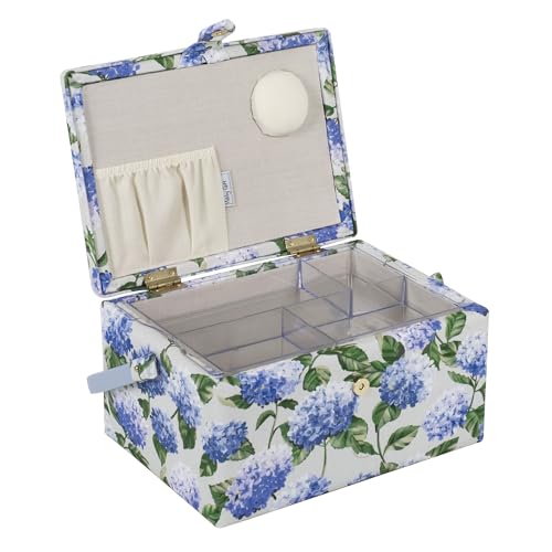 Hobby Gift Medium Sewing Box Organiser, Fabric Covered Storage Box with Handle, Internal Tray, Pin Cushion and Pocket for Sewing, Quilting and Knitting Supplies - color: Hydrangea