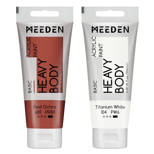 MEEDEN Acrylic Paint Red Ochre: Bundled with Titanium White Color - 100ml/3.38oz x 2 Bulk Heavy Body Acrylic Paint Tubes for Art Craft Painting - color: Red Ochre, size: 2 Tubes
