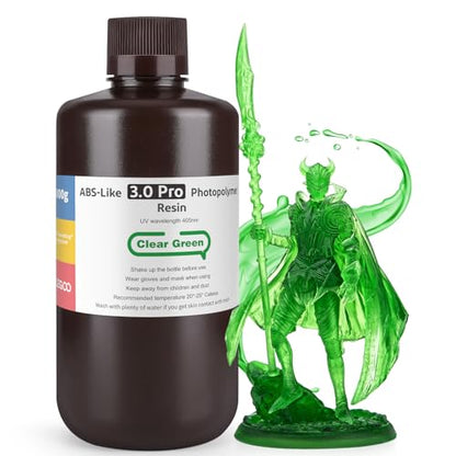 ELEGOO ABS-Like Resin 3.0 Pro, Higher Scratch-Resistance 3D Printing Photopolymer Resin, 405nm UV Resin for MSLA/DLP/LCD Printers Fast Curing High Precision Non-Brittle, Clear Green 1000g - color: Clear Green, size: M-1000g