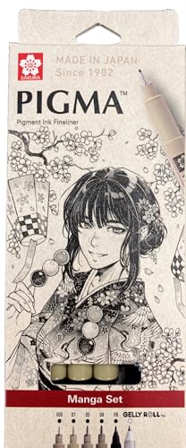 SAKURA Pigma Micron - Pigment Fineliner Pens - 005/01/05/08/GellyRoll 0.5mm/Fine Brush - Paper Case of 6 - Black Ink - style: Manga Set