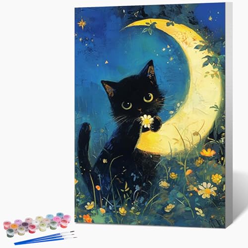 Fountor Cat Framed Paint by Numbers Kit for Adults Beginner & Kids Ages 8-12, Black Cat Paint by Number with Frame, Acrylic Moon Painting by Numbers Kit on Canvas 8x12 inch - color: Black Cat Moon, size: 8x12 Inch