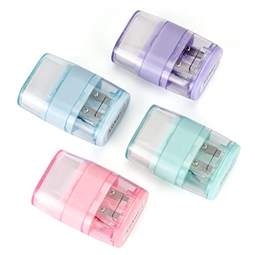 4 PCS Manual Pencil Sharpener with Eraser, Double Hole Multicolored Sharpener with Eraser Fun Stationery Back to School Supplies, Classroom Rewards, and Birthday Party Favors