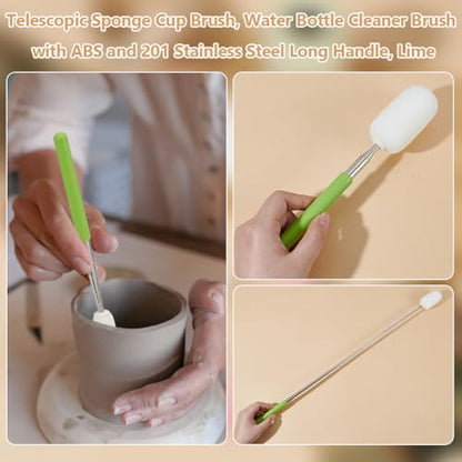 UNICRAFTALE Telescoping Sponge Stick for Pottery with 3Pcs Detachable Sponge Head Adjustable Sponge Rods with Green Handle for Water Removal from Tall or Narrow Pottery Extends Up to 39 Inches Long