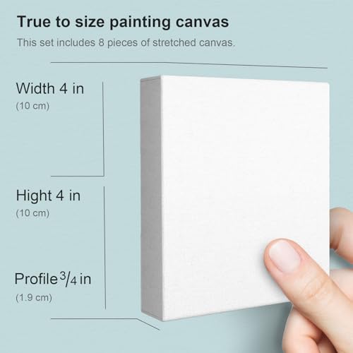 PHOENIX 4x4 Inch 8 Pack Artist Canvas - Small Square Stretched Canvases for Painting - 3/4 Inch Profile, 100% Cotton 11 Oz. Gesso Primed White Blank Professional Canvas Oil & Acrylic Paints - size: 4"x4", style: Traditional