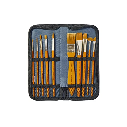 Daler-Rowney Simply Acrylic Brush Set in Zip Case, 10 x Assorted Gold Taklon Synthetic Hair Brushes, Short Handle, Ideal for Entry-Level Artists & Hobbyists