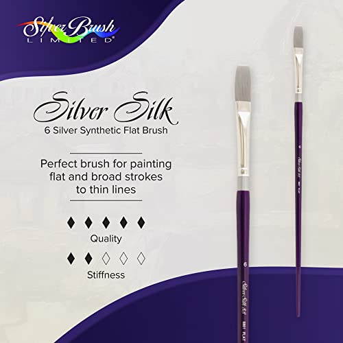 Silver Brush Limited 8801-6 Silver Silk 88 Flat Paintbrush for Acrylic, Watercolor, Gouache, Inks, & Dyes, Size 6, Long Handle - size: Size - 6