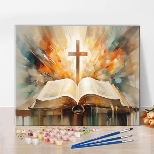 Paint by Numbers Kit for Adults Christian Cross with Bible Religious Painting DIY Art Set Includes 16x20 Inch Canvas Acrylic Paints and Brushes Inspirational Christian Gift Idea for Faith Decor - color: Artwork-06