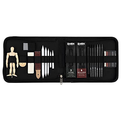 Soho Urban Artist Charcoal Drawing Set With Manikin in Zipper Case - Drawing Charcoal for Artists, Students, Blending, Live Figure Drawing, & More! - [Black - Drawing Set + Zipper Case] - size: 20 Count (Pack of 1)
