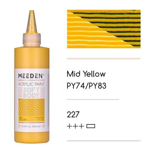 MEEDEN Mid Yellow Acrylic Paint: Matte Finish 250ml/8.45oz Soft Body Bulk Acrylic Colors in Ergonomic Bottle - Fluid Flow Art Paints for Adults Artists Canvas Art Painting - color: Yellow Middle