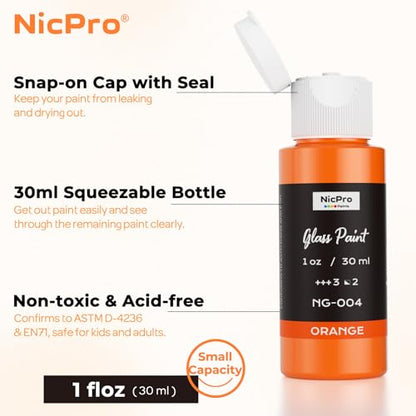 Nicpro 18 Colors Stained Glass Paint Set, 1oz / 30ml Waterproof Acrylic Enamel & Ceramic Glass Painting Kit for Arts on Transparent Wine Glasses Jars Windows with 6 Brushes & 1 Palette, Opaque Finish - size: 1 Fl Oz (Pack of 18)