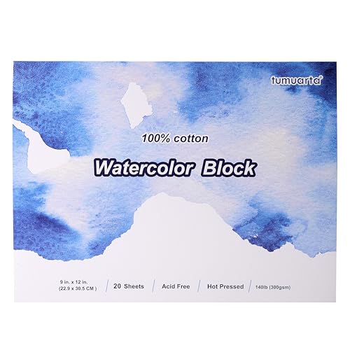 tumuarta 100% Cotton Watercolor Paper Block, 140 LB, 300 GSM, 9"x12", 20 Sheets, Hot Press, Acid Free, Watercolor Pad Mixed Media Sketchbooks for Watercolors, Acrylic, Gouache and Dry or Wet Media - size: 9"x12" HP