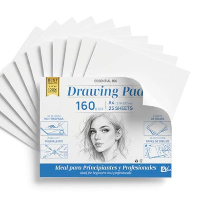 SIDI – A4 Professional Drawing Pad, 160 g/m², Sketchbook Paper, Thick Non-Bleed Paper, for Pencil, Marker and Sketching, Smooth Surface, 25 Drawing Sheets (Essential 160, 25 Sheets)
