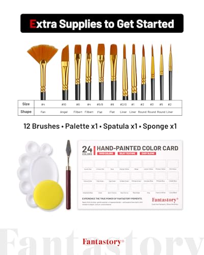Fantastory Acrylic Paint Set, 24 x 60 ml with 12 Brushes; Christmas Acrylic Paint, Waterproof; For Artwork & DIY Projects on Canvas, Wood, Glass, Clay, Fabric, Ceramic, Paper, Canvas - style: 24 popular Colors