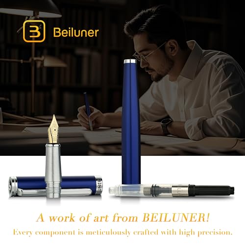 BEILUNER Luxury Fountain Pen Set,Solid 24K Gilded Medium Nib, Modern Classic Limited Edition -Includes 6 Ink Cartridges&Ink Refill Converter with Gift Case-Perfect for Men and Women（Charming blue） - color: Blue, style: Medium Nib
