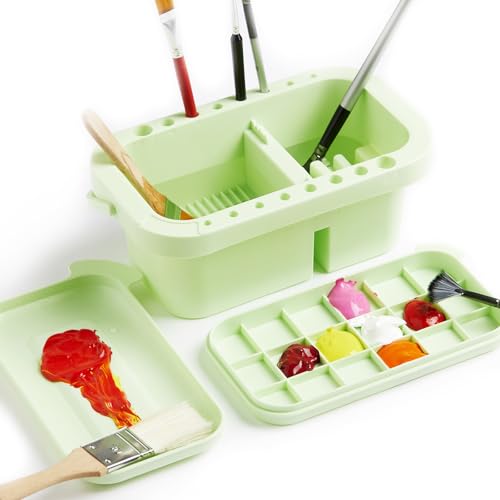 SEVENY Paint Brush Washer Basin with Lid, Green | Artist Brush Cleaning Container, Includes Sponges, For Oil Painting, Acrylic, Watercolor, Studio Organizer - color: Green