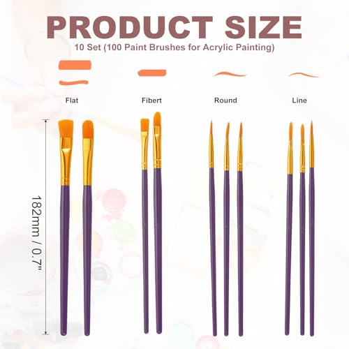 PATIKIL Paint Brushes Set, 100Pcs Acrylic Paint Brush Nylon Hair for Watercolor Oil Painting Miniature Detailing Rock Painting, Purple - color: Purple