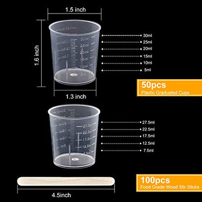 Coopay 50 Pack 30ml/1oz Plastic Graduated Cups Transparent Scale Clear Epoxy Mixing Cup with 100 Pack Wooden Stirring Sticks for Resin, Epoxy, Stain, Mixing Paint - size: 30ml