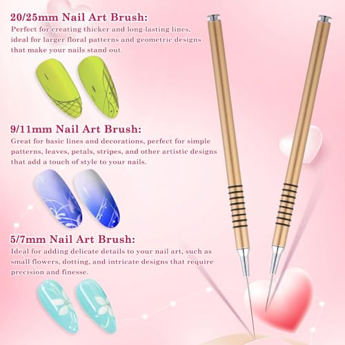 6Pcs Nail Art Liner Brushes Set, Fine Drawing Painting Details Design Striping Brush With Gel Polish Acrylic Handle Gifts Manicure Tools DIY Sizes 5/7/9/11/15/25mm, Gold - color: Gold