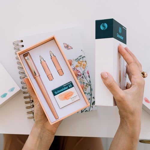 Schneider Callissima Calligraphy Fountain Pen Gift Set: Metallic Pink, 1.1 mm, 1.5 mm, 1.8 mm Interchangeable Tips + Pack of 6 Rose Ink Cartridges (143809)