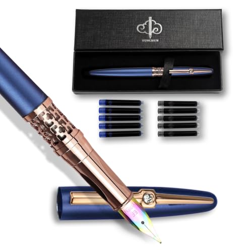 YUNCHUN Refillable Fountain Pen Medium Nib, Fancy Ink Pen with 10 Black & 10 Blue Ink Refills Cartridges, Cool Ink Pens for Writing, Business Metal, Best Gift Set for Men & Women, Blue - color: Blue, style: Medium Point