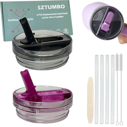 2 Pcs Detachable Flip Straw Lid for Stanley 40oz Quencher ProTour,100% Leak-proof Lid for Stanely 40oz Cup,Spill Proof and Splash Resistant Tumbler Cover(Black and Violet) - color: Black and Violet