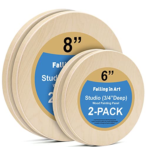 Falling in Art Unfinished Round Birch Wood Panels Kit for Painting, Wooden Canvas 4 Pack of 6 and 8" Studio 3/4" Deep, Cradle Boards for Pouring, Art, Crafts, Burning and More - size: 6'+8' round 2 PACK