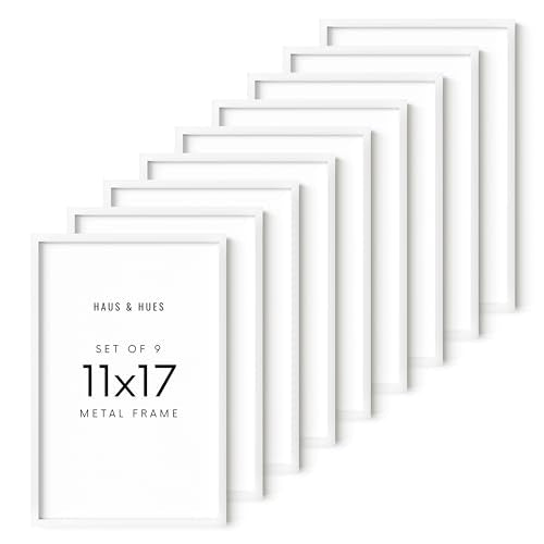 HAUS AND HUES 11x17 White Aluminum Frame Set of 9 - Vertical & Horizontal Hanging, Shatterproof Plexiglass (11x17 in, White) - color: White Metal, size: 11x17 in, style: Set of 09