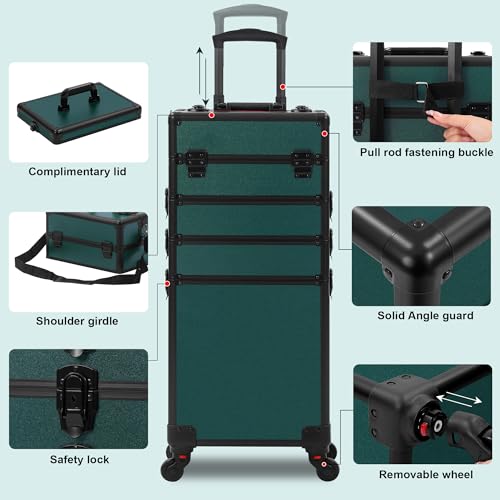 Somduy Makeup Train Case, Rolling Makeup Case with Lid, 5 in 1 Cosmetology Case on Wheels, Christmas Gift, Large Makeup Case Organizers, Profesional Cosmetic Case for Salon Barber, Black Green - color: Black Green
