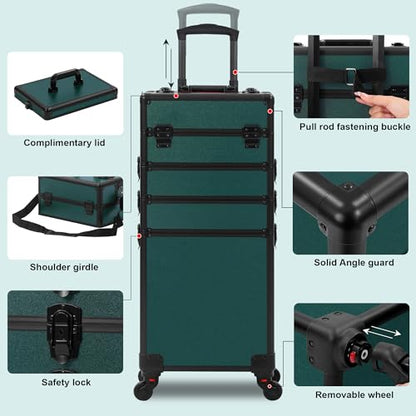Somduy Makeup Train Case, Rolling Makeup Case with Lid, 5 in 1 Cosmetology Case on Wheels, Christmas Gift, Large Makeup Case Organizers, Profesional Cosmetic Case for Salon Barber, Black Green - color: Black Green