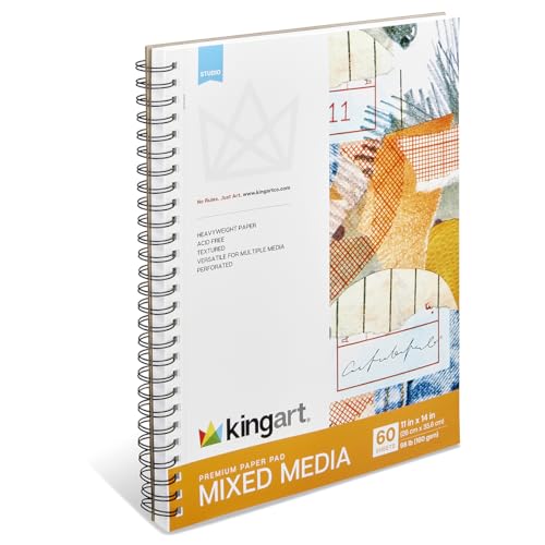 KINGART Mixed Media Paper Pad – 11x14 Inch, 1-Pack – 60 Sheets (98 lb / 160 GSM), Heavyweight Acid-Free Paper – Spiral-Bound Art Pad with Chipboard Backing