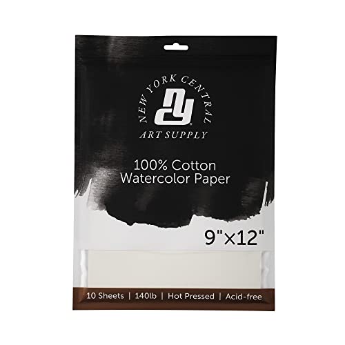 New York Central Watercolor Paper - 9x12-5 Packs of 10-50 Total Sheets, 140 lb. Hot Press - 100% Cotton, Acid-Free, Archival Quality, Bright White Watercolor Paper Pad for Wet & Dry Media - size: 9x12"