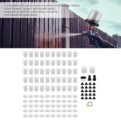 CHICIRIS Disposable Paint Cup Kit 600ml 20 Ounce, with 50 Inner Cups 50 Lid Covers 2 Outer Cups Seal Ring 20 Sealing Plugs 2 Spray Gun Adapters PTFE Tape Mixing Stick, for Automotive