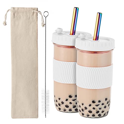 Amyoole 2 Pack Reusable Boba Cup,24Oz Wide Mouth Smoothie Cup,mason Jar Glass Cups with Lids and Straws,Bubble/Boba Tea Cups,Ice Coffee Tumbler 2 colored straws 1 sponge brush(White) - color: White