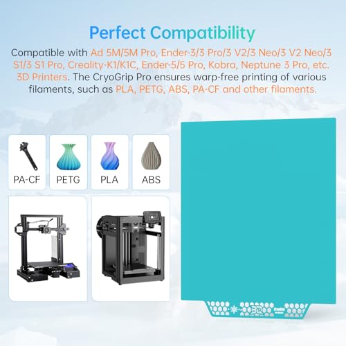 BIQU Cryogrip Pro Glacier 235x235MM Build Plate for Adventurer 5M/5M Pro, Ender-3/V3/Pro/V2 Neo, Creality-K1/K1C, Ender-5/5 Pro, Kobra Neptune 3 Pro, etc. 3D Printers Double Sided Fine Textured Plate - style: Glacier(235×235MM)