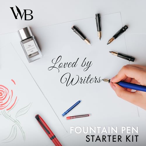 Wordsworth and Black Fountain Pen Set - Blue - Includes 2 Pens, 18 ML Ink Bottle, 60 Ink Cartridges, A Refill Converter, 1 Medium and 4 Broad Nibs, Brush Pen - Fountain Pen Kit for Beginners - color: Red and Blue