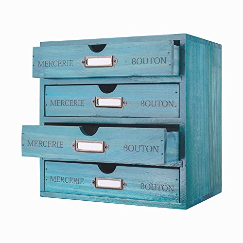 Wooden Storage Box with 4 Drawers Vintage Office Supplies and Accessories Letter Tray Wood Desktop School Supply Organizer Library Card Catalog Cabinet with Lables Rustic Jewelry Box (BLUE) - color: BLUE-SMALL